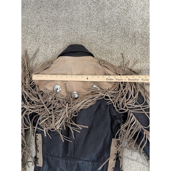VTG UNIK Jacket Womens Medium Black Tan Leather Fringe Western Motorcycle Chaps - Picture 12 of 16